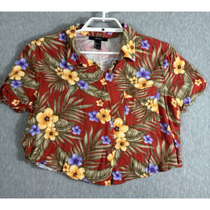 Forever 21 Cropped Top Hawaiian Shirt Size L Rayon Button Up Short Sleeve